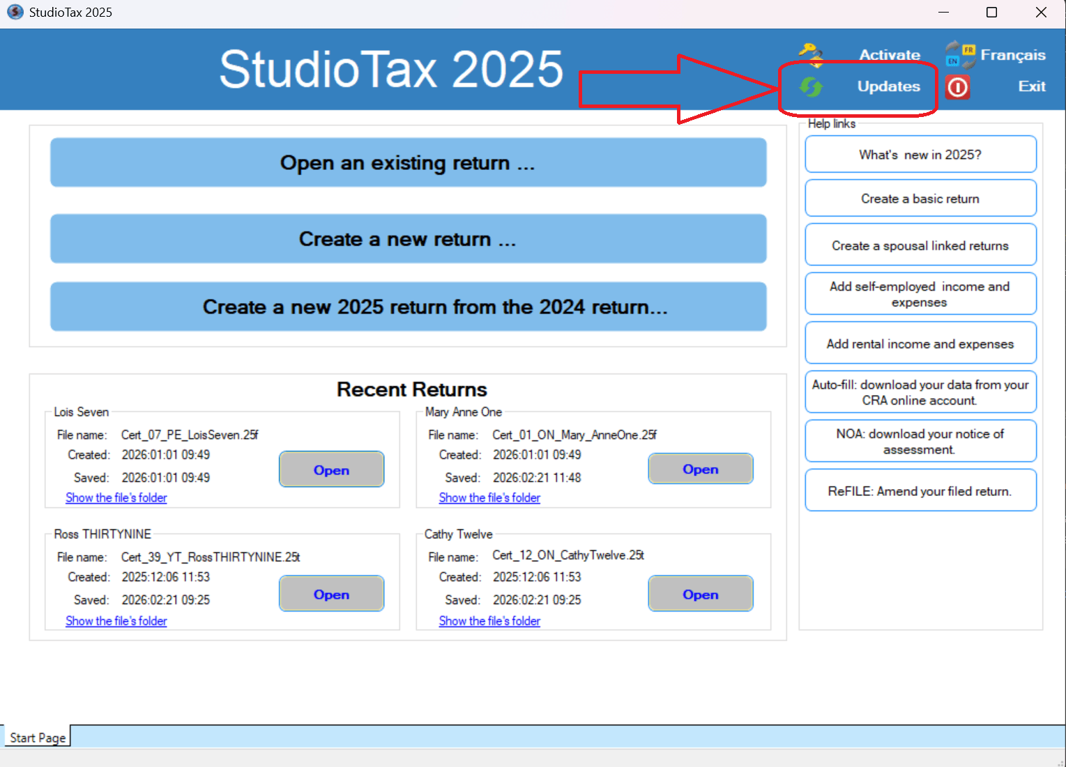 Check for updates button on the welcome page