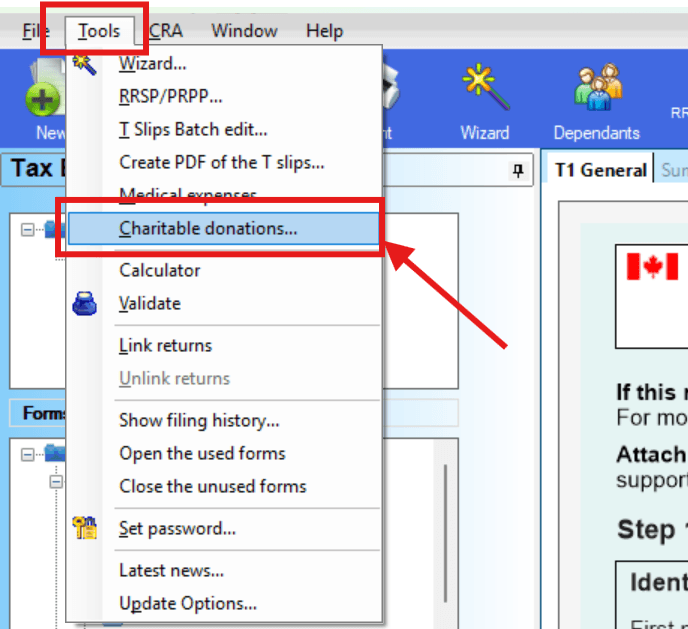 Tools menu showing Charitable Donations option