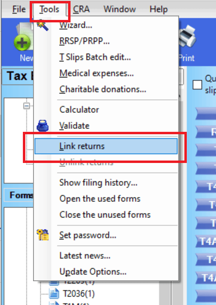 Link returns option in the tools menu