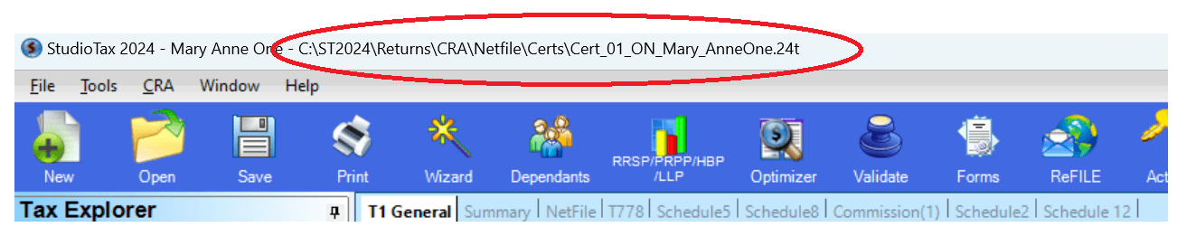 File path shown in the StudioTax top bar