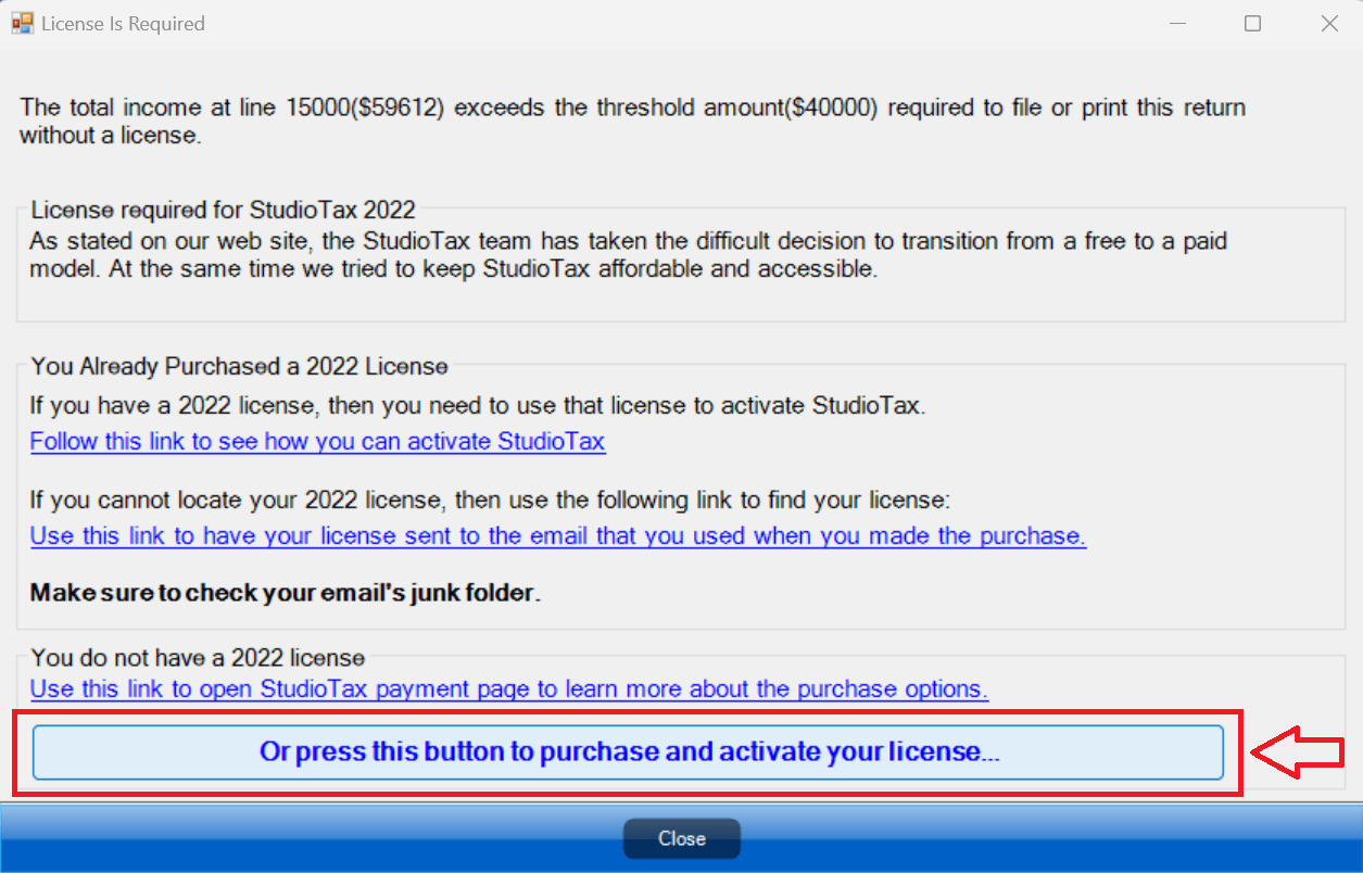 Purchase and activate licence window