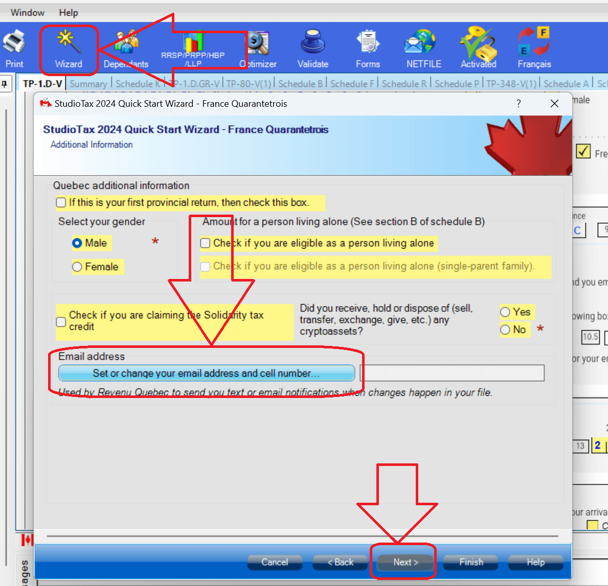 Wizard page showing the Add or modify your email button