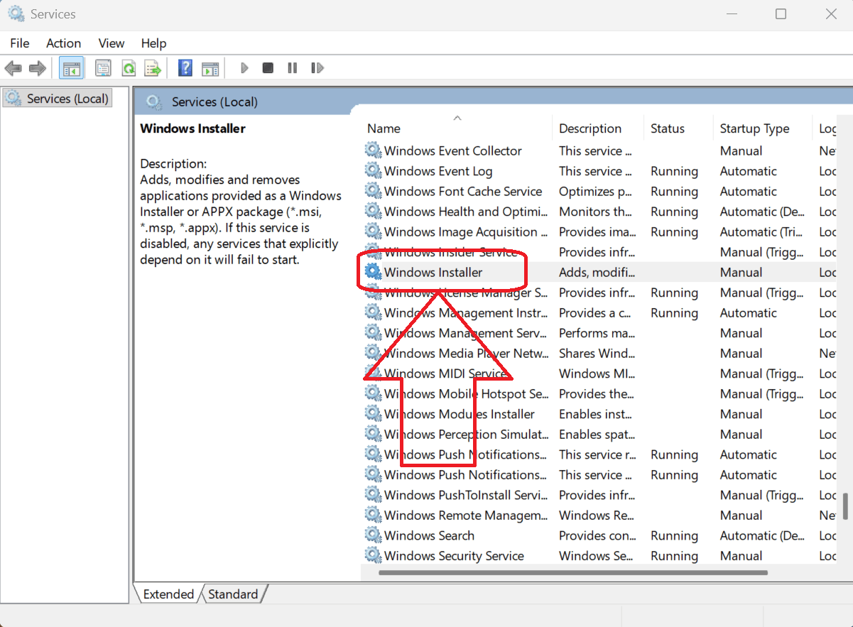 Locating the Windows Installer service in the Services window
